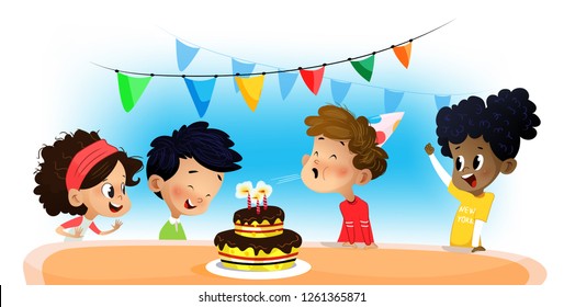 Happy group of children having fun at birthday party. Vector cartoon