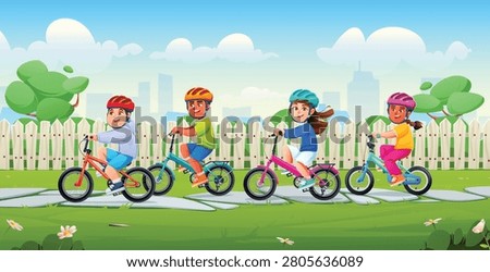 Happy group of children riding bikes together outside in a sunny park path. Vector cartoon illustration