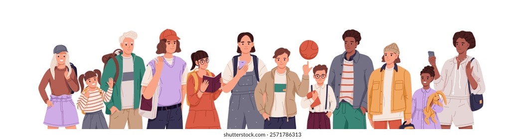 Happy group of children stands together. School portrait of senior and junior pupils. Diverse girls and boys, different kids, students, teenagers. Flat isolated vector illustration on white background