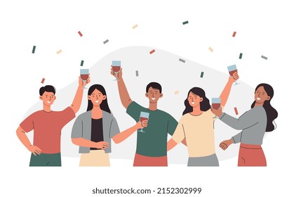 Happy group with confetti. Men and girls go to parties, celebrate birthday or other holiday. Rest after work, fun weekend, happy students with drinks in hands smiling. Cartoon flat vector illustration