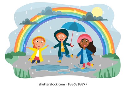 Happy group of diverse multiracial kids playing in the rain dancing in puddles under a colorful rainbow outdoors, colored vector illustration