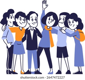 Grupo feliz de diversas Personas posando juntas. Personajes de dibujos animados amistosos de pie lado a lado, sonriendo y abrazando.