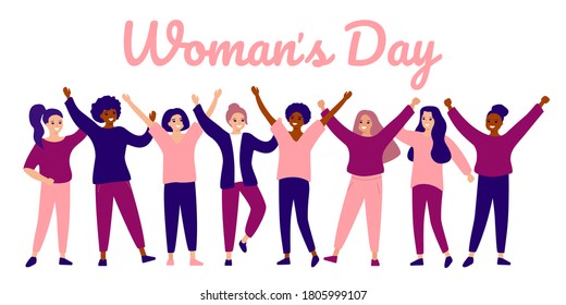 Happy group female of different ethnicity. International women´s day. Women empowerment movement. Vector illustration
