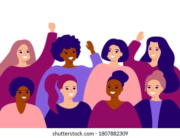 Happy group female of different ethnicity. International womens day. Women empowerment movement, friendship. Vector flat illustration