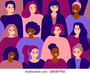 Happy group female of different ethnicity. International womens day. Women empowerment movement, friendship. Vector pattern illustration