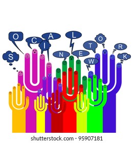 Happy group of finger smileys with social chat sign, vector