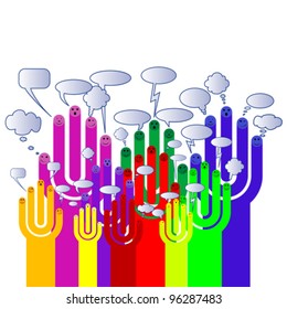 Happy group of finger smileys with social chat sign, vector