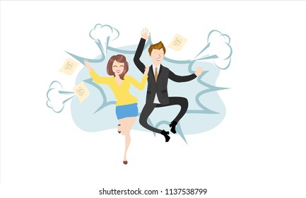 Happy group of friend office partners worker jumping because of their goal successful. Vector illustration cartoon character.