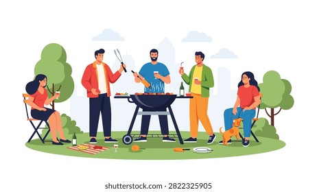 Happy group of friends enjoying a backyard barbecue party with grilled food and wine on a sunny day in a city park.