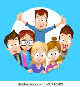 Happy group of friends - isolated over a white circle background