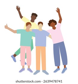 Happy Group of Friends Posing Together Minimalist flat vector illustration of four diverse friends standing close, smiling, and waving. 