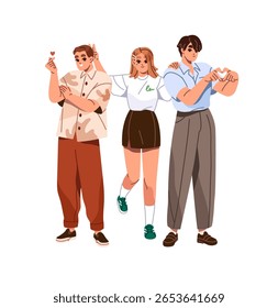 Feliz grupo de amigos está posando. Os jovens são mãos gestando os sinais do coração juntos. Equipe bonita sorri, se diverte. Colegas empolgados se alegram. Ilustração de vetor isolado plano sobre fundo branco