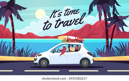 Happy group of friends riding in car. Travelers going on summer vacation, guys and girl relaxing in nature, side view, poster or card design. Adventure journey tidy vector cartoon flat concept