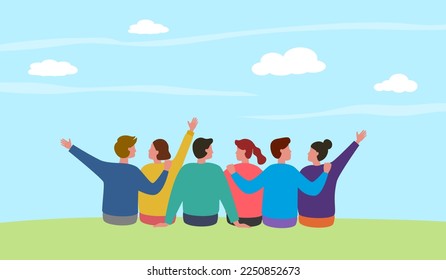 Happy group of friends sitting on the hill in flat design.