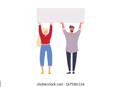 Happy group of friends standing together and holding blank banner. Flat cartoon colorful vector illustration.