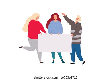 Happy group of friends standing together and holding blank banner. Flat cartoon colorful vector illustration.