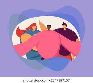 Happy group of friends taking selfie on mobile phone flat vector illustration. Cartoon young people smiling friendly for photo portrait. Friendship and digital technology concept