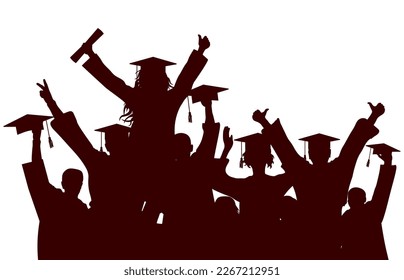 Happy group of graduate students in square academic caps. Cheerful people silhouette. Vector  illustration.