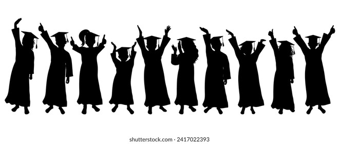 Happy group of graduates children in square academic caps. Cheerful people silhouette. Graduation ceremony. Vector  illustration.