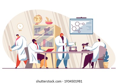 Happy group of medical students in lab isolated flat vector illustration. Cartoon scientists conducting research or chemical tests. Chemistry, medicine and science concept