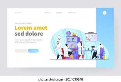 Happy group of medical students in lab isolated flat vector illustration. Cartoon scientists conducting research or chemical tests. Chemistry, medicine and science concept