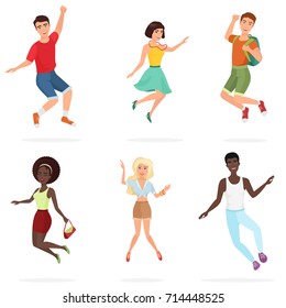 Happy group of multi ethic teen friends jumping. Cartoon people character vector illustration.