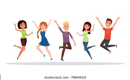 Happy group of people, boy, girl jumping on a white background. The concept of friendship, healthy lifestyle, success. Vector illustration in a flat and cartoon style.