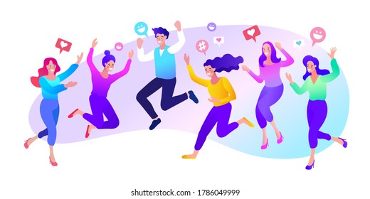 Happy Group Of People Jumping. Cheerful Corporate Employees Cartoon Characters Set. Happy Positive Men And Women Celebrating Victory. Vector Illustration In A Flat Style.