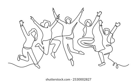 Happy group of people jumping, continuous one line drawing. Friendship, team work, healthy lifestyle, success concept. Minimalist simple linear style. Vector outline illustration