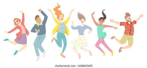 Happy group of people jumping and dancing Set of icons of happy men and women, flat vector illustration.