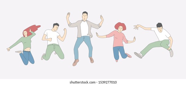 Happy group of people jumping. Hand drawn vector illustration.
