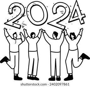 Happy group of people jumping and holding Twenty Twenty Four concept, Team businessmen holding numbers vector icon design, 2024 welcome symbol, festive holiday season sign, new year party people stock