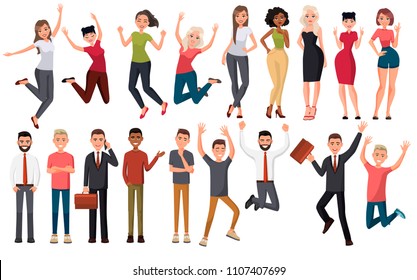 Happy group of people jumping on a white background. The concept of friendship, healthy lifestyle, success. Vector illustration in a flat style. People in different poses. Party people. 
