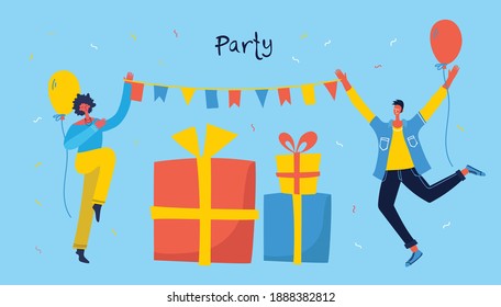 Happy group of people jumping on a bright background. The concept of friendship, healthy lifestyle, success. Vector illustration in a flat style