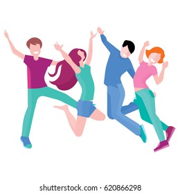 Happy group of people jumping on a white background. The concept of friendship, healthy lifestyle, success, flat style illustration