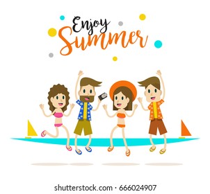 Happy group of people jumping on the beach. The concept of friendship,summer, vacation. flat character design. vector illustration