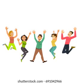 Happy group of people jumping on a white background. The concept of friendship, healthy lifestyle, success. Vector illustration in a flat style.
