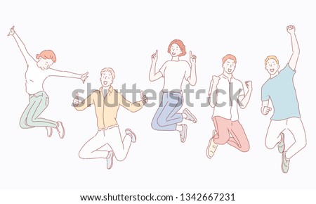Happy group of people jumping on a white background. The concept of friendship, healthy lifestyle, success. Hand drawn style vectors design illustation.