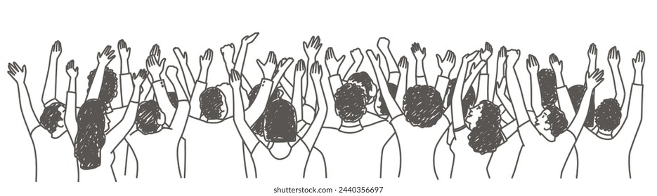 Happy group, people are moveable. Back view. Hand drawn vector illustration.