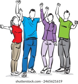 happy group of people raising arms vector illustration