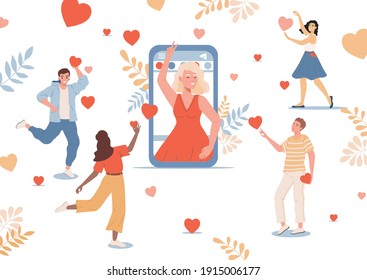 Happy group of people sending hearts to young girl in red dress, speaking with her on smartphone vector flat illustration. Online meeting, friends celebrating birthday or holiday on video call.