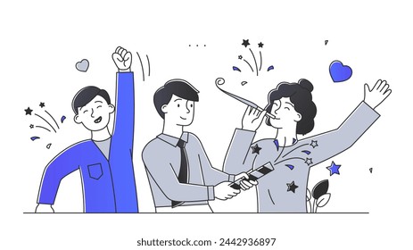 Happy group of people simple. Man and women with fireworks and sparkles. Holiday and festival, celebration. Poster or banner. Doodle flat vector illustration isolated on white background