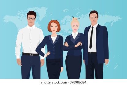 Happy group portrait of a professional business team on world map background. Young businessman.