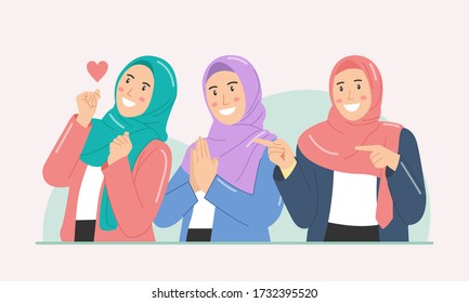 happy group of pretty best friends girls together. trendy muslim woman concept wearing hijab or headscarf