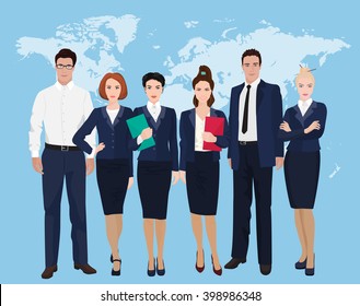 Happy group of a professional business team standing over on world map background. Businessman team.