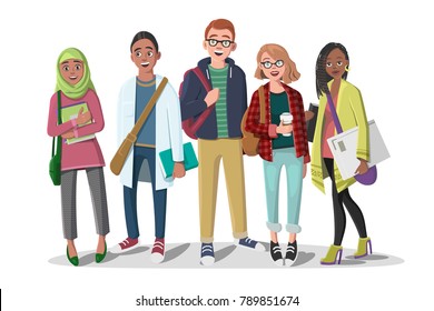 Happy Group of Students with Books on an Isolated White Background. Vector Illustration in Cartoon Style