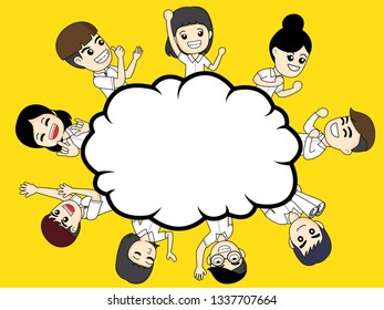 Happy group students cheerful and posing on yellow background, speed bubble concept
