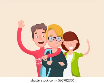 Happy group students. Cheerful young people with backpacks and books. Vector illustration in a flat style