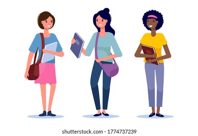 Feliz grupo de estudiantes de diferentes razas juntos aislados de fondo blanco. Jóvenes sonrientes con bolsas y libros. Ilustración vectorial en estilo plano.  Concepto de educación y juventud