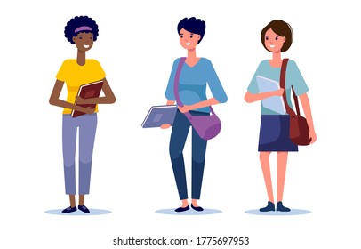 Happy group of students  different race standing together isolated on  white background. Smiling young people with bags and books. Vector illustration in flat style.  Education and youth concept